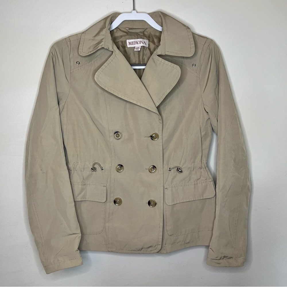 Merona‎ jacket rain coat cinched waist toggle tan double breasted women's small